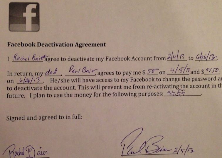 Contractul care incinge Internetul. Ce i-a promis un tata fiicei lui, daca renunta la Facebook Contractul Care A Inghetat Internetul Ce I A Promis Un Tata Fiicei Lui Daca Renunta La Facebook