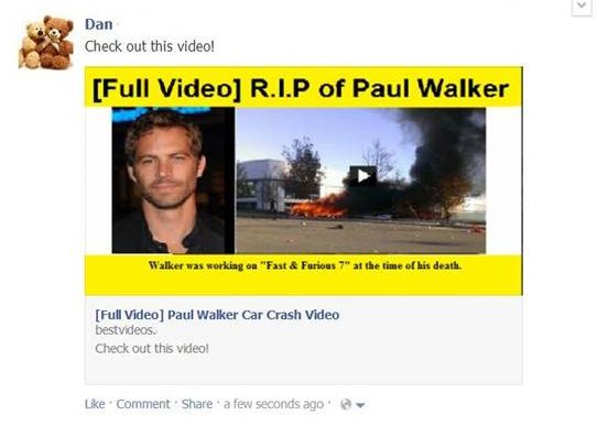 Mii de utilizatori Facebook au pierdut bani din cauza unor filmulete false cu moartea lui Paul Walker Mii De Utilizatori Facebook Au Pierdut Bani Din Cauza Unor Filmulete False Cu Moartea Lui Paul Walker