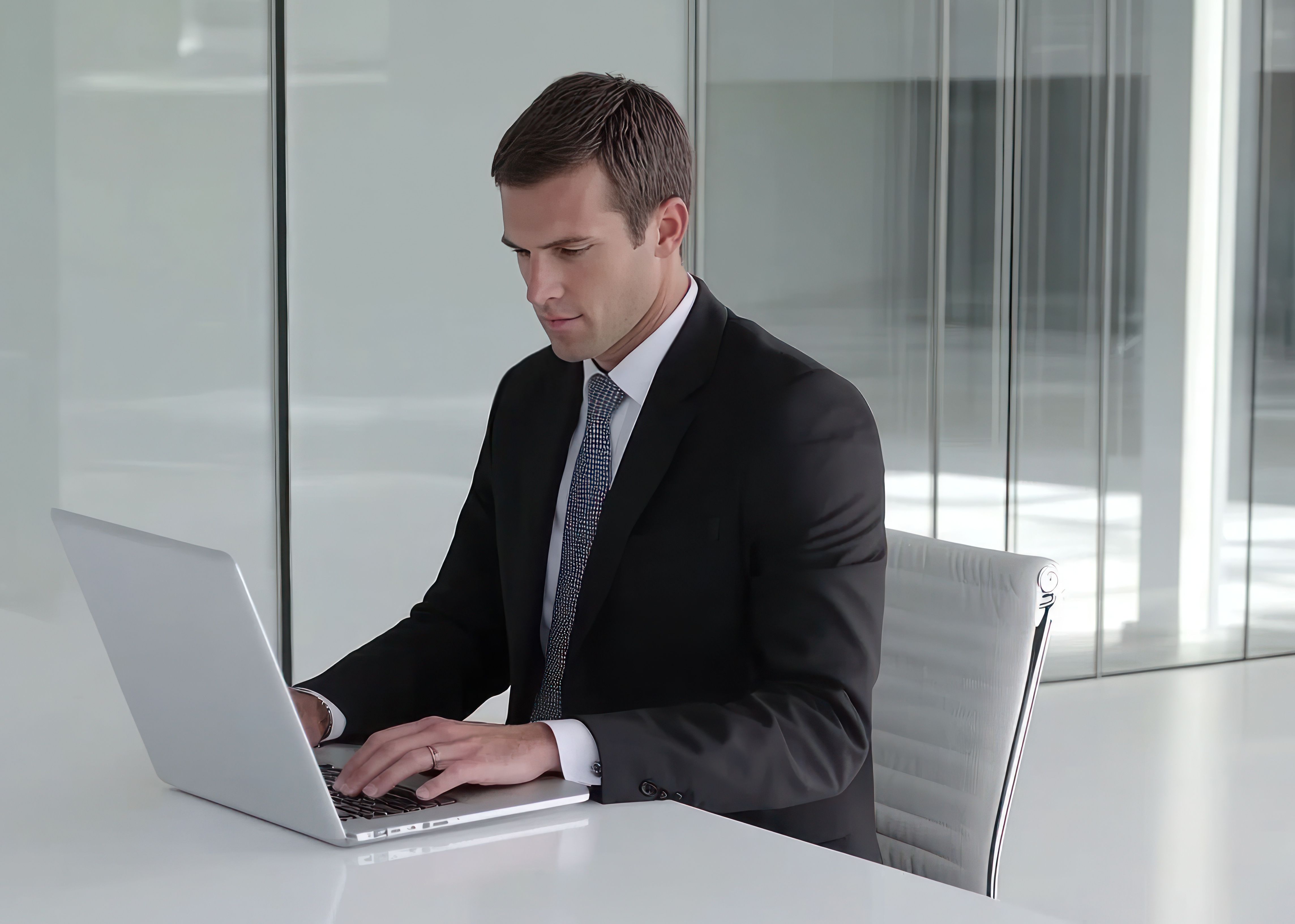 Photo man typing laptop with white screen mockup